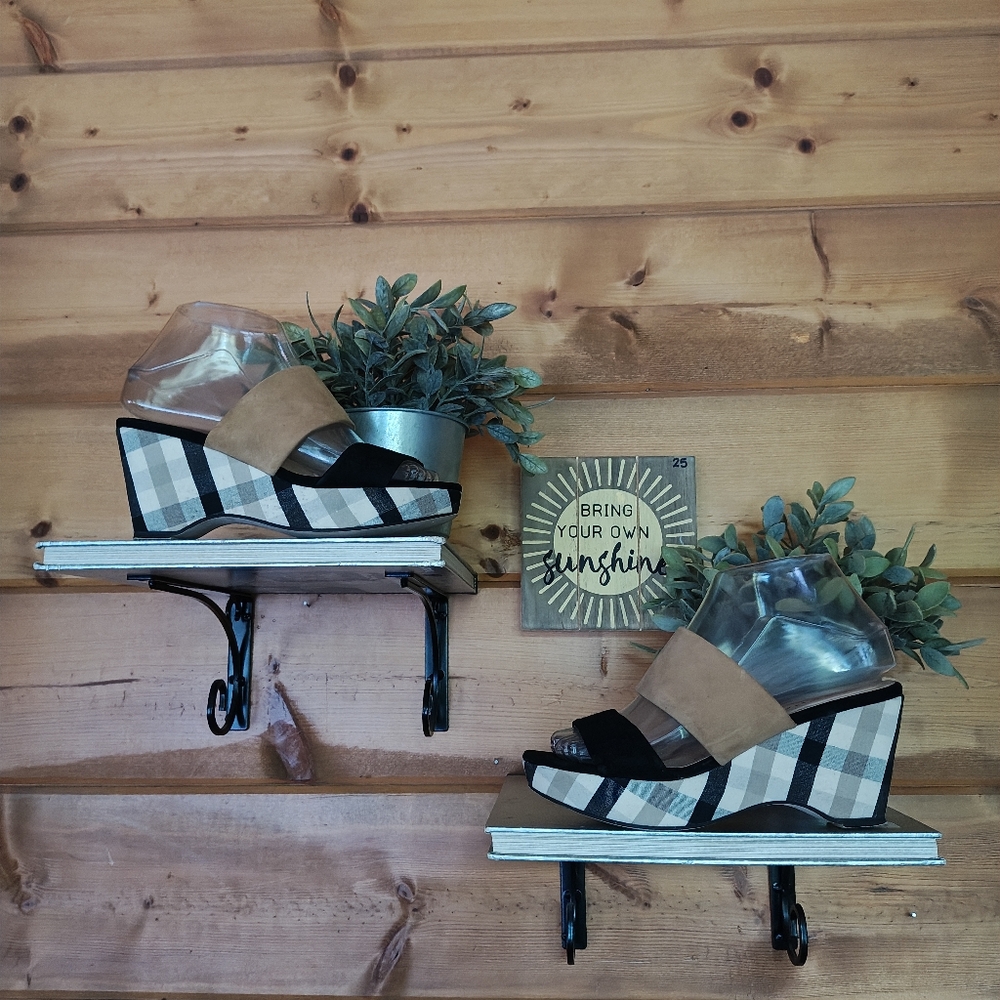 Sacha London Kali Leather Plaid Fabric Slip On Platform Wedge Heels Sandals Sz 6